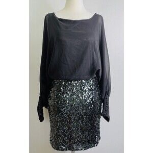 Y2k Short Dress S Black Sequin Long Sleeve Mesh Silver Fairy Witchy NYE Holiday